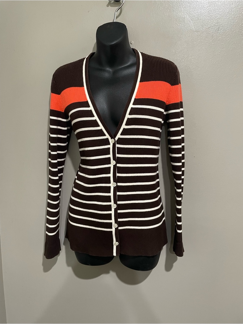 Ralph Lauren Brown, Cream & Orange Striped Cardigan Sweater